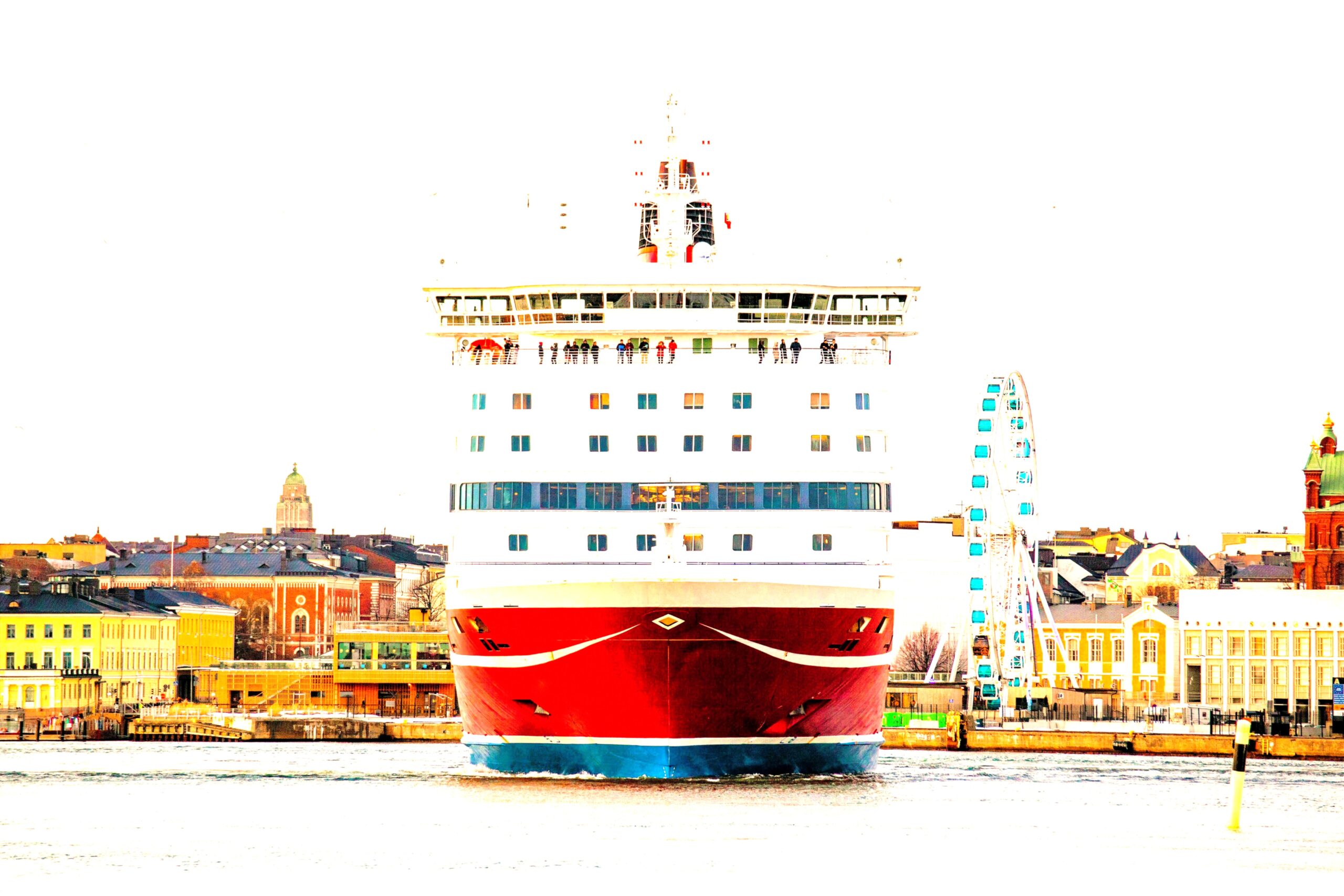 Photo of a large cruise ship in a harbour, with buildings and a funfair wheel behind it, reflecting port environments and international travel
